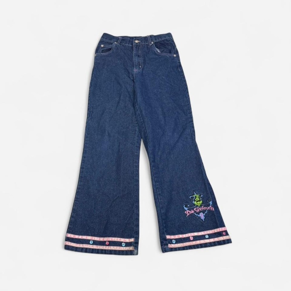 Vintage 90s y2k kids The Grinch embroidered sparkly flared design jeans